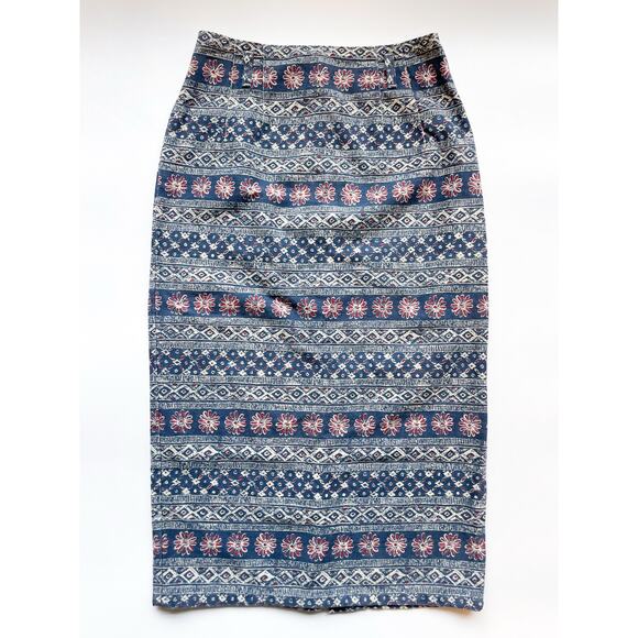 Vintage Vivaldi Jeanswear Blue Patterned Cotton Pencil Skirt Size 8 - Picture 1 of 9